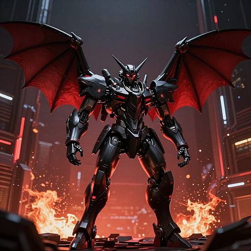 Digital artwork of a black, winged, humanoid robot with red membranes standing in a fiery, futuristic cityscape with neon lights.