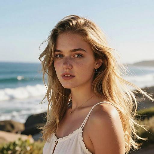 Photograph of a young, blonde, fair-skinned woman with wavy hair, wearing a white sundress, standing by a sunlit ocean.