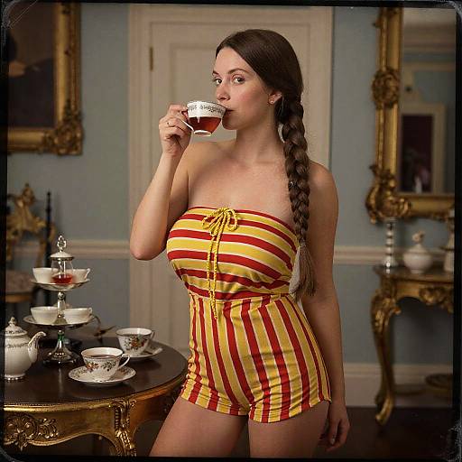 Woman in Striped Bandeau Romper Drinking Tea