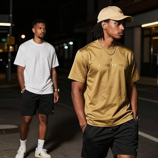Photograph of two Black men at night: front man in gold shirt, black pants, beige cap, back man in white tee, black shorts,