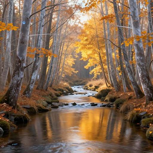 Photograph of a serene autumn forest stream, with vibrant orange leaves reflecting in the water, surrounded by tall, slender trees.
