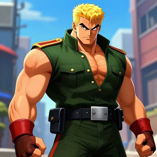 Muscular blond man with intense expression, green military-style shirt, red gloves, and belt, standing in a sunny urban street. Digital anime art.