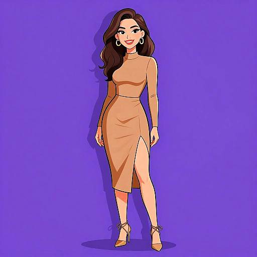 Digital illustration of a smiling woman with long brown hair, wearing a beige, long-sleeve, high-neck, thigh-slitted dress, and orange