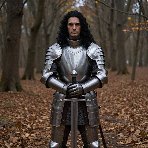 Photograph of a serious, long-haired man in medieval silver armor with a sword, standing in a leaf-covered forest. Autumn leaves, bare trees in