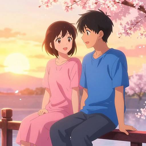 Serene Anime Couple on Blossom Bridge