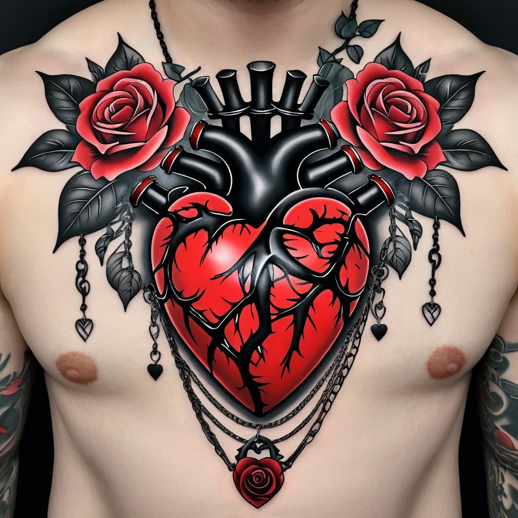 Anatomical Heart Tattoo with Roses and Chains