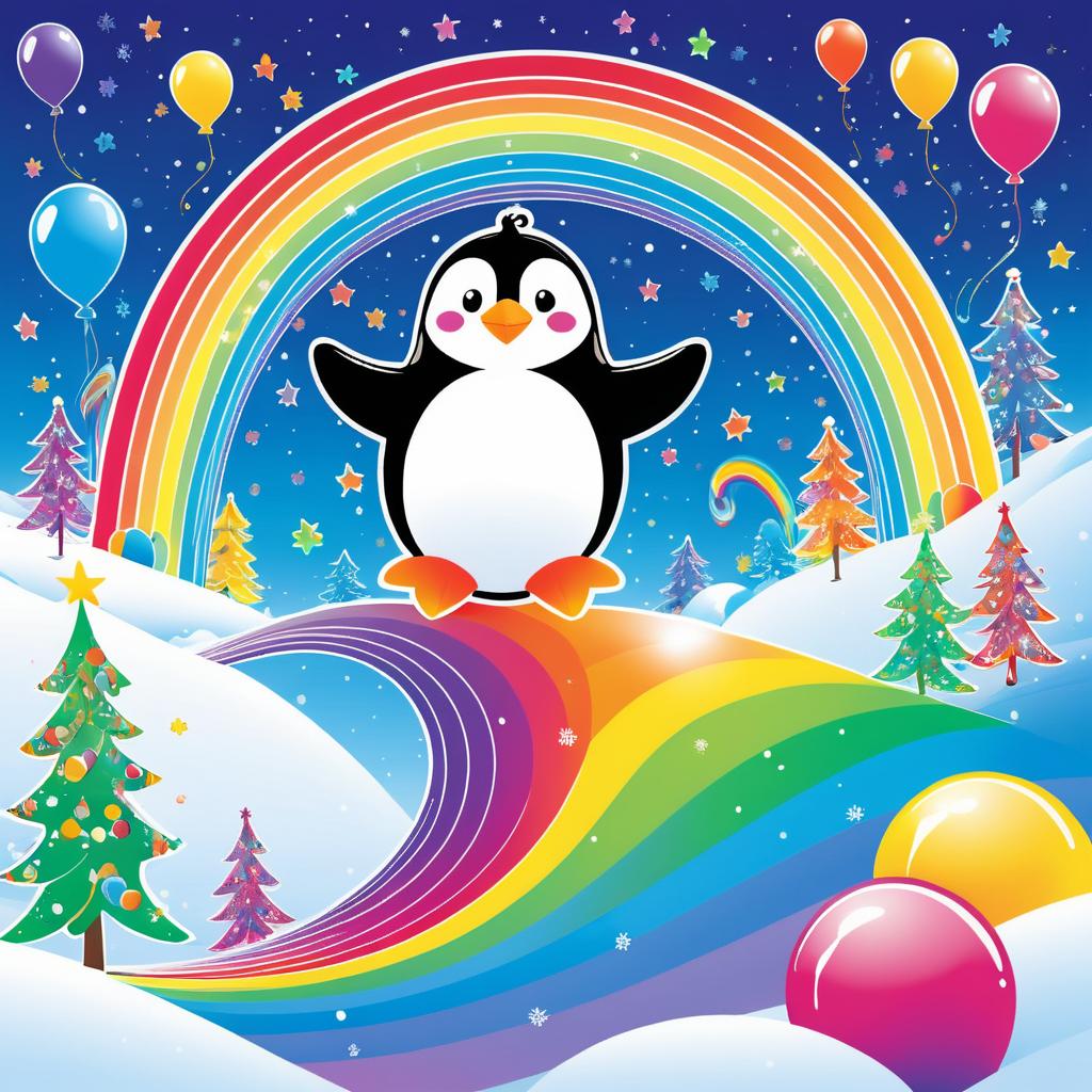 Playful Penguin Sliding Down Rainbow