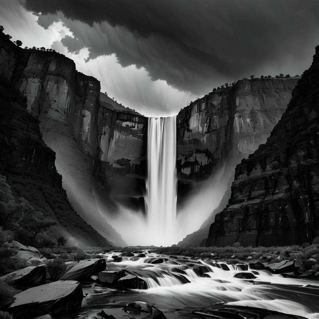 Dramatic Black-and-White Waterfall Gorge Scene