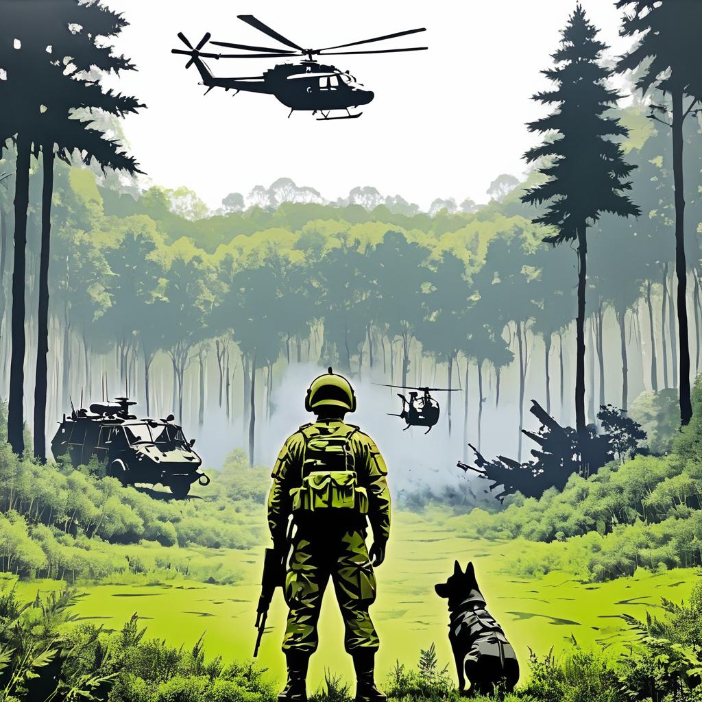 Soldier and Dog Under Helicopter in Forest