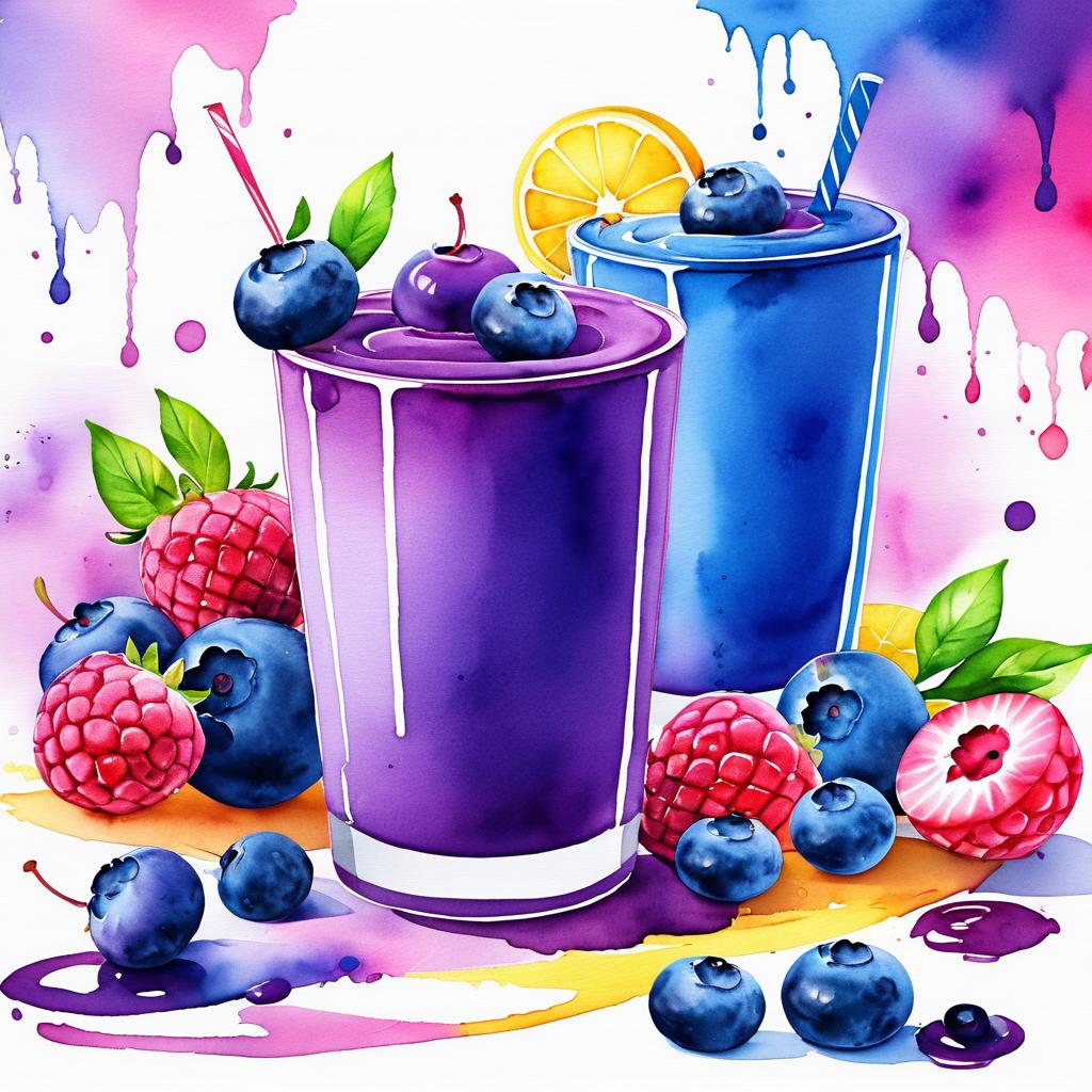 Whimsical Blueberry Smoothie Watercolor Art