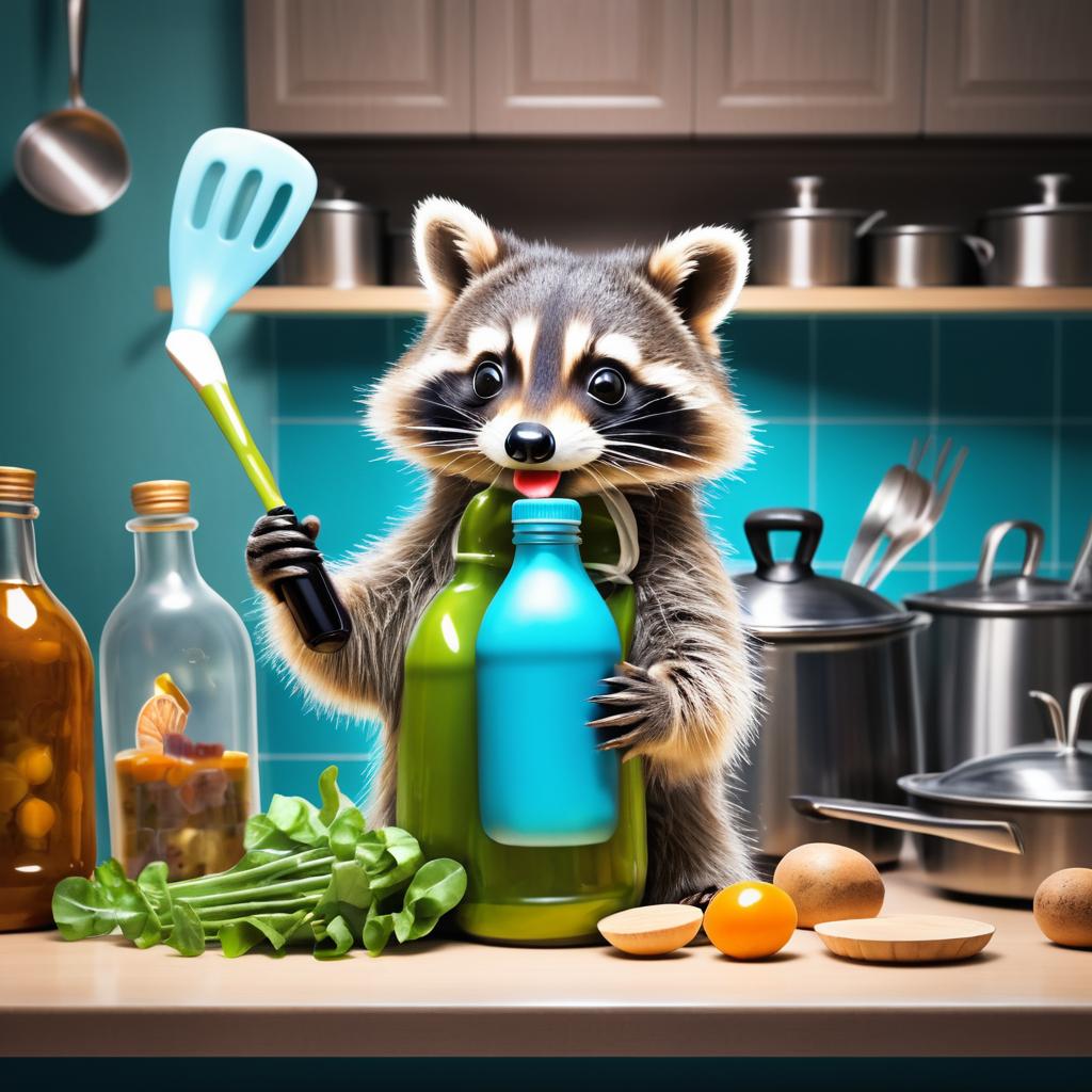 Whimsical Raccoon Cooking in a Bottle