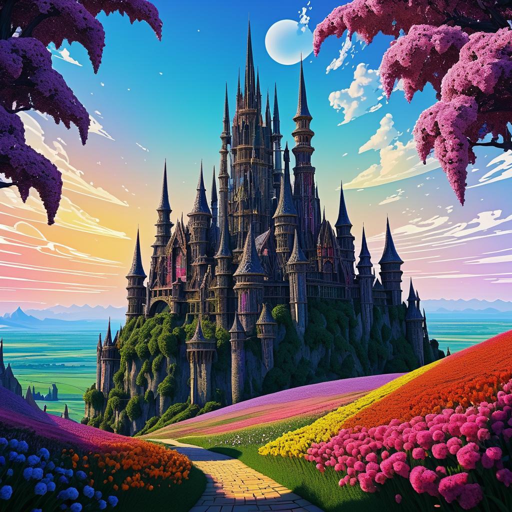 Ominous Castle Amidst Colorful Flowers