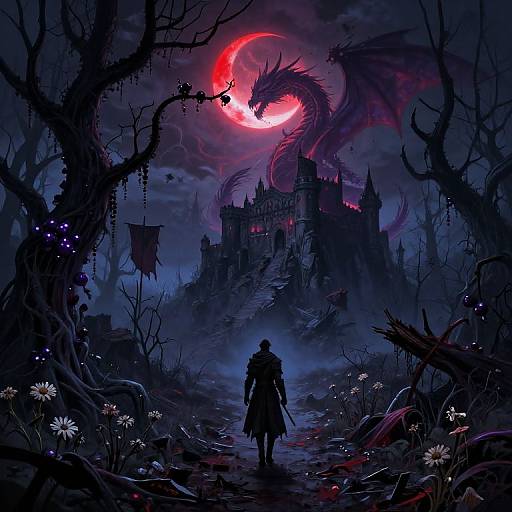 Digital fantasy artwork: Silhouetted figure walks towards dark, gothic castle under a glowing red moon, with a menacing dragon hovering nearby. Tw