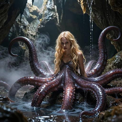 Blonde Woman with Octopus Tentacles in Cave