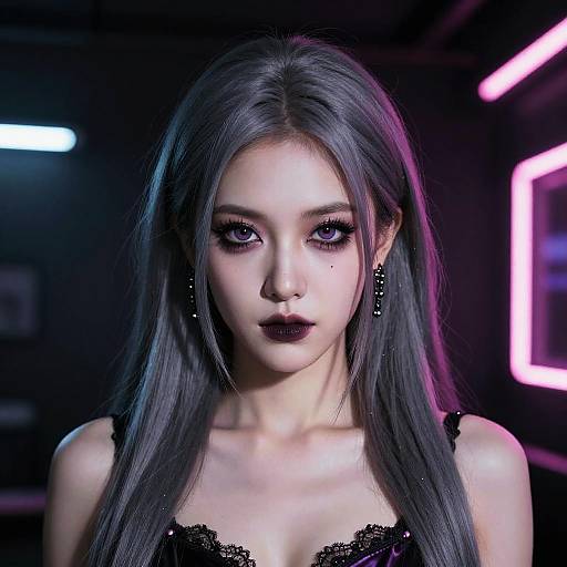 Digital CGI portrait of a pale-skinned Asian woman with long, straight black hair, dark purple lipstick, black lace top, and dangling earrings, illuminated