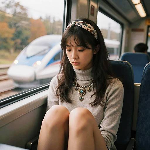 Photograph of an Asian teenage girl with long black hair, wearing a gray turtleneck, ornate necklace, and headband, sitting on a
