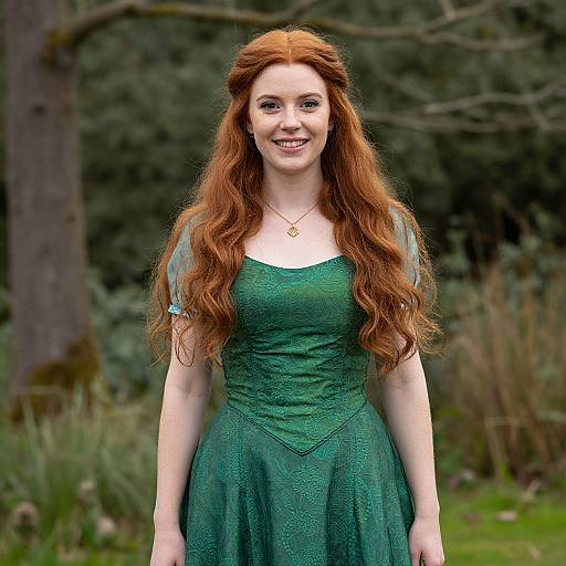 Photograph of a smiling woman with long, wavy red hair, wearing a green lace dress and gold necklace, standing in a forest.