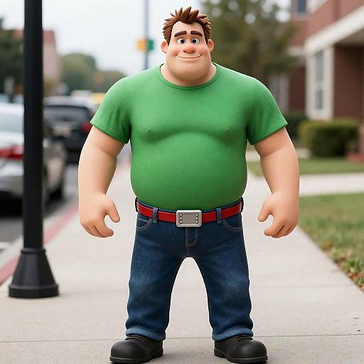 Animated Character in Casual Outfit on Sidewalk