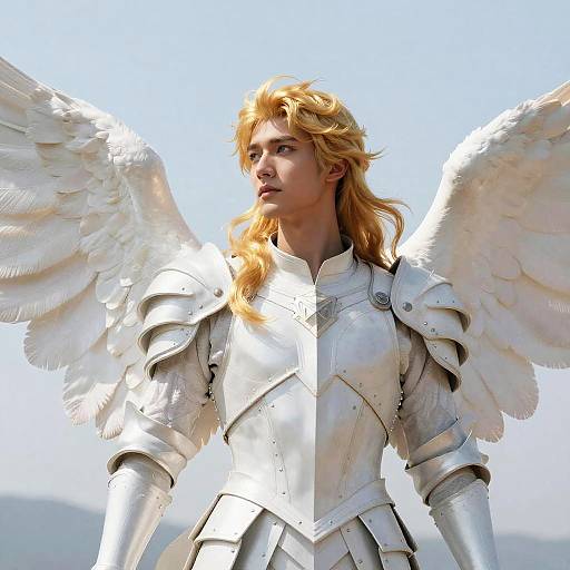 Photorealistic digital art of a blonde angelic warrior with white feathered wings, wearing silver armor, looking upwards against a bright blue sky.