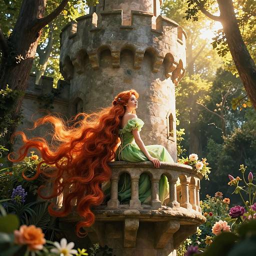 Digital fantasy artwork: Red-haired fairy in green dress with flowing hair sits on stone balcony of sunlit, medieval tower amidst lush garden and colorful flowers.