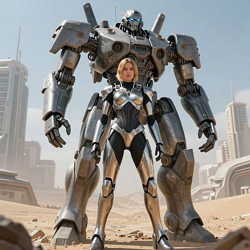 CGI image of a blonde woman in metallic black and silver armor, standing beside a large, silver robotic mecha in a desert cityscape with tall