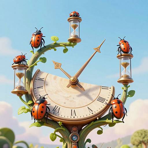 Whimsical clock with four ladybugs, two hourglasses, and Roman numerals, perched on a vine, against a bright blue sky
