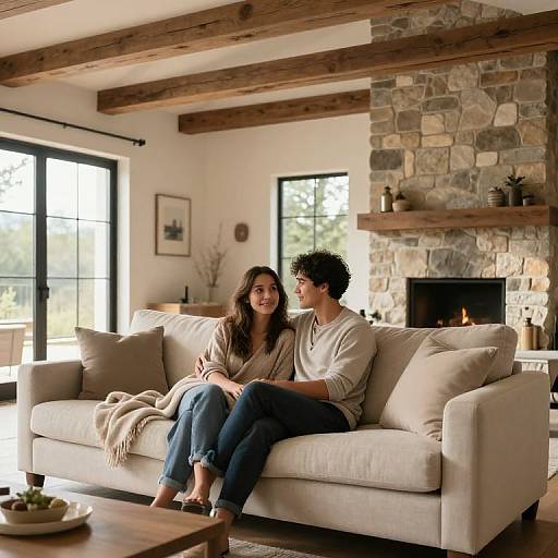 Photograph of a young couple sitting on a beige sofa in a cozy, rustic living room with wooden beams and stone fireplace. Sunlight streams through black
