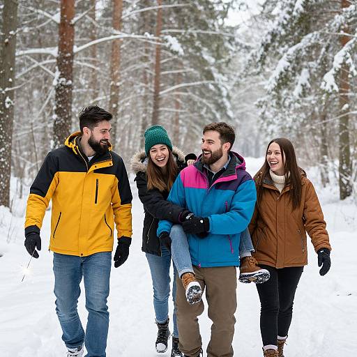 Photograph of four smiling friends walking in a snowy forest; two men in jackets, one woman in brown coat, one in green beanie, all