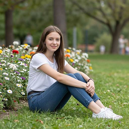 Photograph of a smiling young woman with long brown hair, wearing a white t-shirt, blue jeans, and white sneakers, sitting on grass beside a