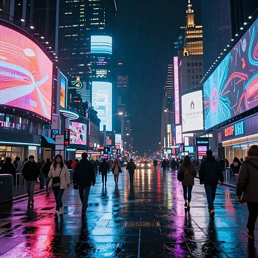 Photograph of a bustling, rain-soaked Times Square at night, with vibrant neon billboards, colorful reflections on wet pavement, and pedestrians walking under