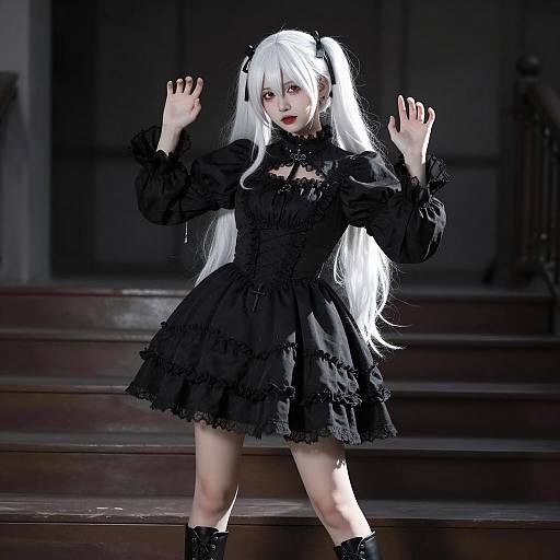 Gothic Cosplay Woman on Wooden Stairs