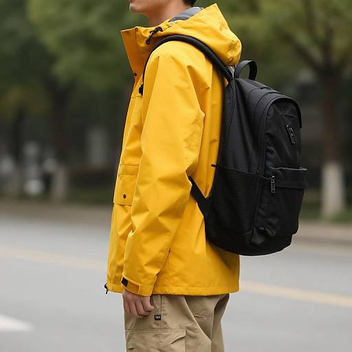 Photograph of a young man in a bright yellow rain jacket, beige pants, and black backpack, standing on a wet street with blurred green trees in