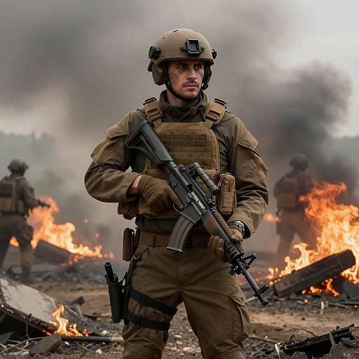 Intense Soldier in War-Torn Landscape