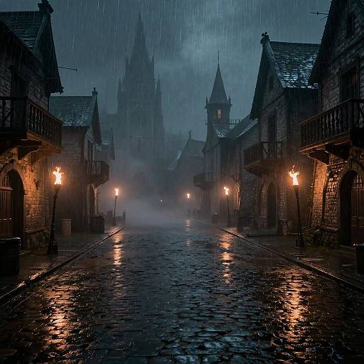 Photograph-style digital artwork of a rainy, cobblestone street in a medieval village with gothic architecture, lit torches, and a misty
