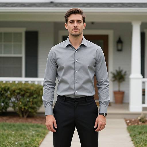 Photograph of a handsome, tall, clean-shaven man with short brown hair, wearing a light gray button-up shirt and black pants, standing in