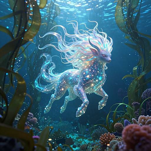 Digital artwork of a glowing, ethereal, sparkly unicorn with flowing white mane, swimming underwater amidst coral and seaweed, illuminated by sunlight.