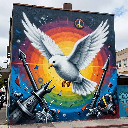 Vibrant mural of a white dove with outstretched wings flying over a colorful, radiant sun, surrounded by metallic anchors and geometric shapes on a