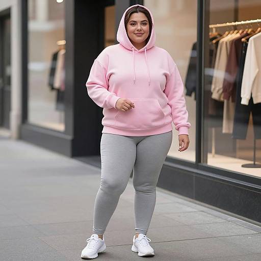Plus-Sized Woman in Pink Hoodie on City Sidewalk