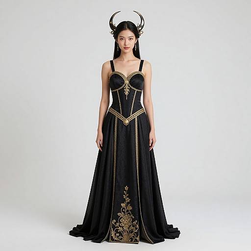 Photograph of an Asian woman in a black, gold-embellished, strapless gown with intricate floral designs, wearing a black headpiece with