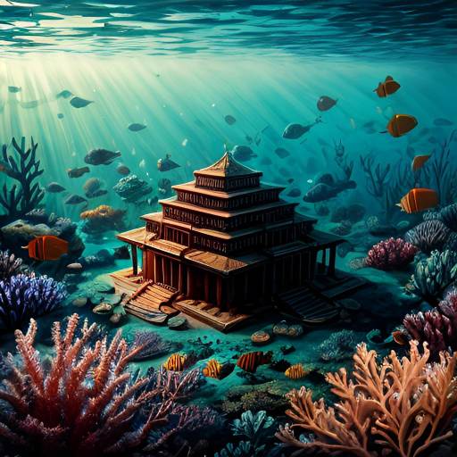 Impressionist Submerged Temple in Coral Reef