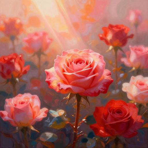 Photograph of vibrant red and pink roses in a sunlit garden, with soft, glowing light and blurred background, highlighting the central rose.