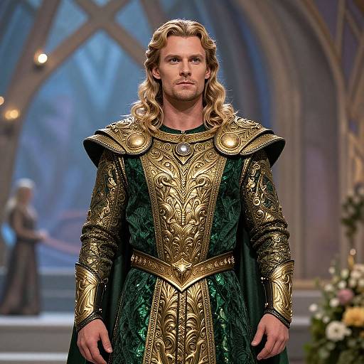 Photograph of a tall, blonde man with long curls in an elaborate medieval-style golden and green armor, standing in a grand, arched, illuminated