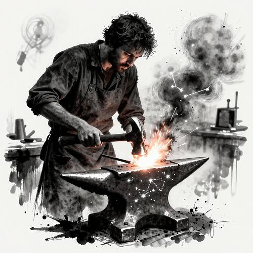 Digital illustration of a bearded blacksmith with messy hair, wearing a dark shirt, hammering glowing metal on an anvil, surrounded by black ink
