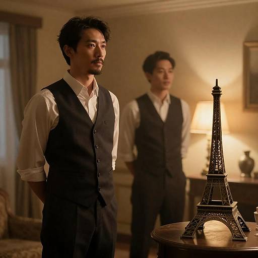 Two Men in Vintage Room with Eiffel Tower Model