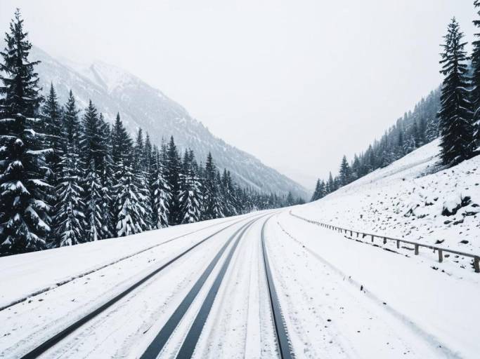 Snowy Mountain Road Aesthetic Wallpaper