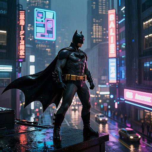 Digital artwork of Batman standing in a rain-soaked, neon-lit urban street at night, with glowing billboards and wet pavement.