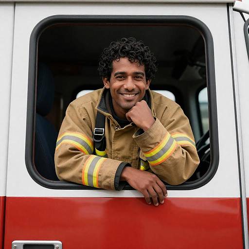 Smiling Male Firefighter in Fire Truck Window