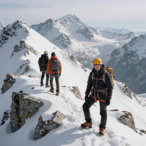 Three Mountaineers on Snowy Mountain Ridge