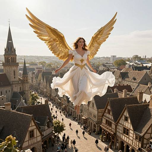 Photograph of a woman with golden wings, wearing a flowing white dress, soaring above a medieval European town with people below.