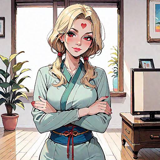 Digital anime-style drawing of a blonde woman with red heart mark, crossed arms, wearing a blue kimono, in a sunlit room with potted